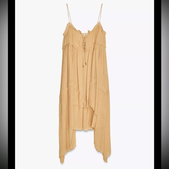 ZARA BEIGE ASYMMETRIC RUFFLED DRESS ZW COLLECTION SZ MEDIUM NEW WITH TAGS - Picture 13 of 15